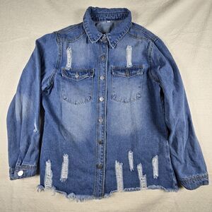 Distressed Denim Shirt Jacket Shacket Women's L Raw Fray Hem Oversized Long Jean